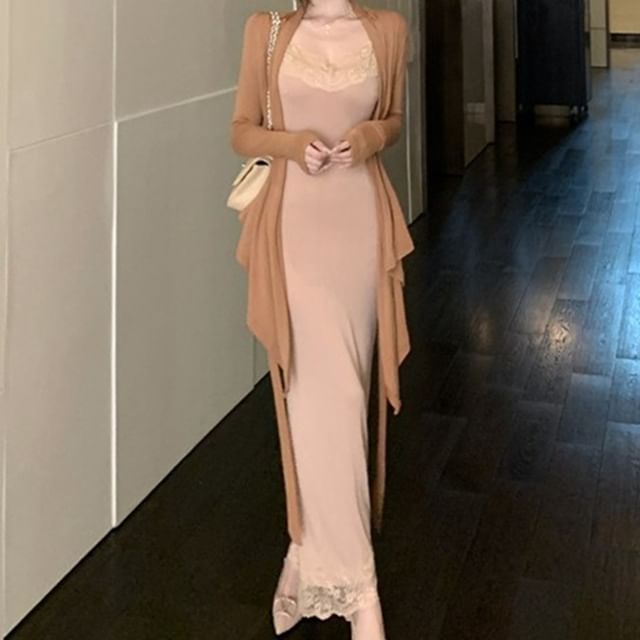 Spaghetti Strap V-Neck Lace Panel Maxi Sheath Dress / Plain Tie Waist Cardigan
