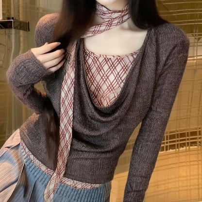 Long-Sleeve Cowl Neck Plaid Panel Fitted Top with Mock Layering