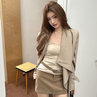 Mid-Rise Solid Pencil Mini Skirt with Belt