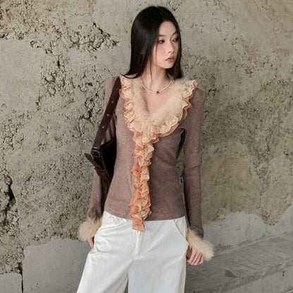 Lace Panel Ribbed Knit Top with Fluffy Trim