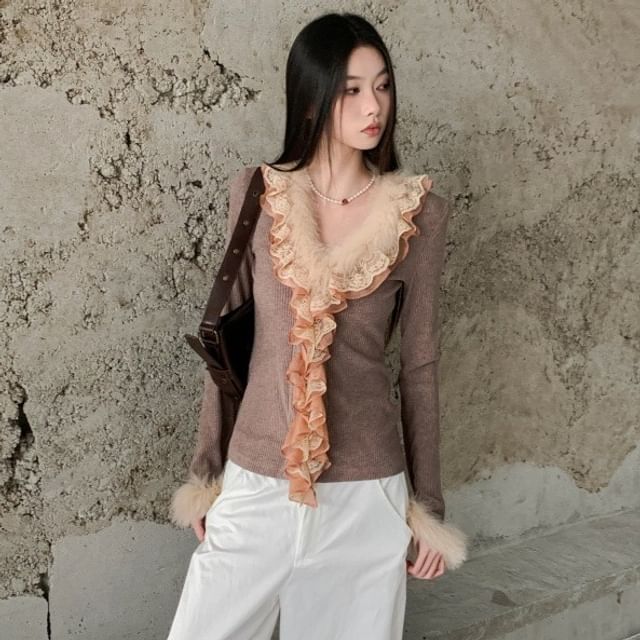 Lace Panel Ribbed Knit Top with Fluffy Trim