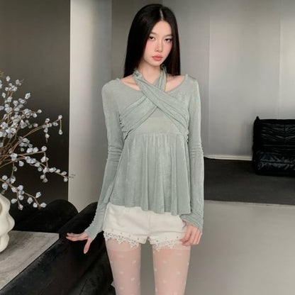 Halter Neck Ruched Tee with Long Sleeves