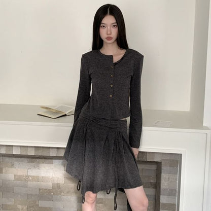 Crew Neck Button Crop Cardigan & Drawstring A-Line Skirt