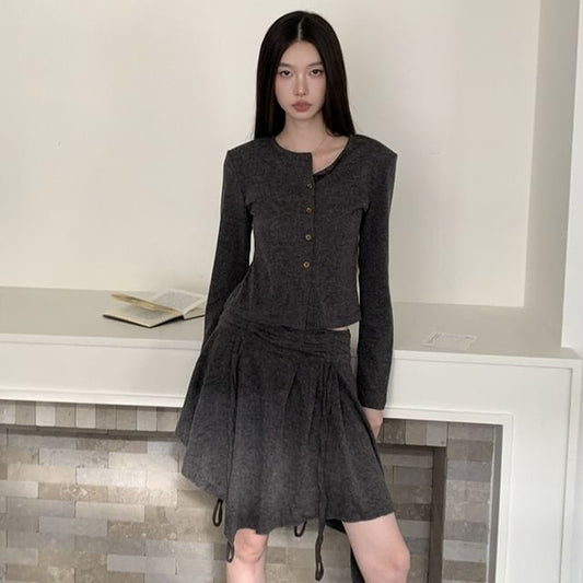 Crew Neck Button Crop Cardigan & Drawstring A-Line Skirt