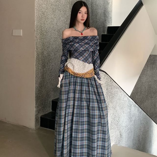 Long-Sleeve Off-Shoulder Plaid Dotted Panel Ruched Maxi A-Line Dress