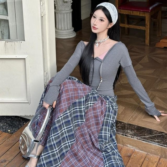 Long-Sleeve Henley Plaid Panel Maxi A-Line Dress