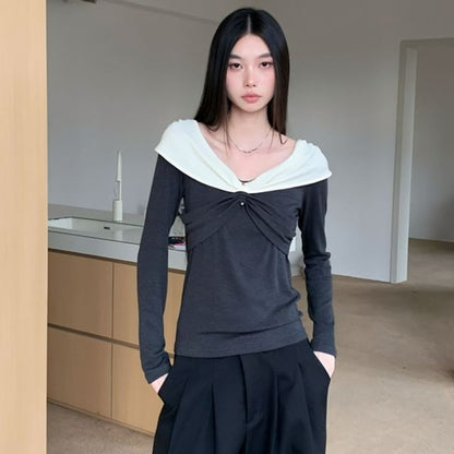 Ruched V-Neck Two-Tone Long-Sleeve T-Shirt
