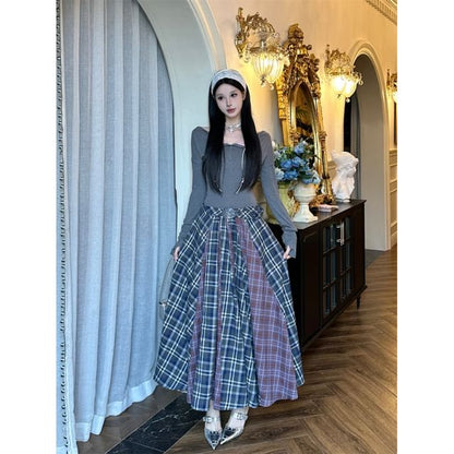 Long-Sleeve Henley Plaid Panel Maxi A-Line Dress