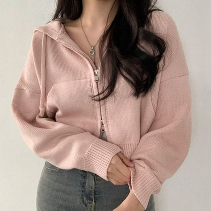 High Neck Plain Zip-Up Crop Cardigan