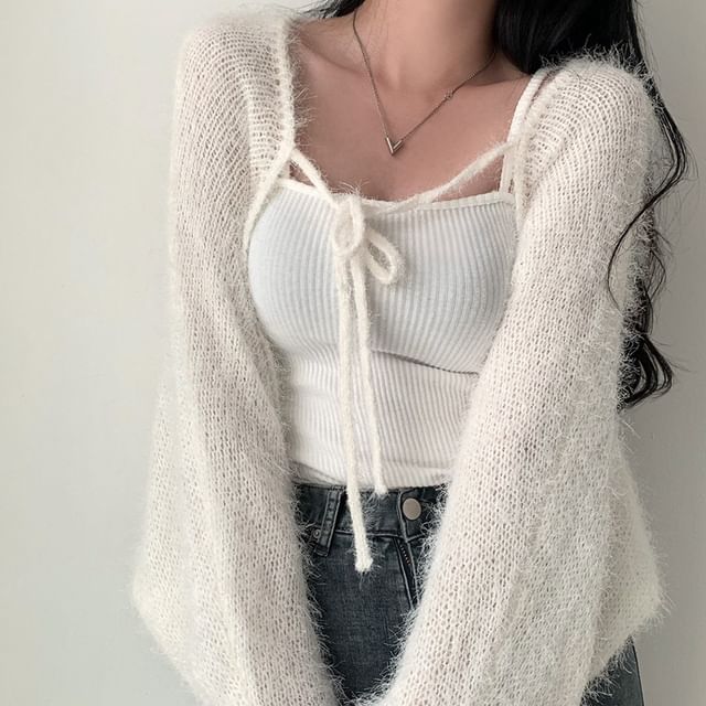 Faux Fur Open Front Plain Crop Cardigan