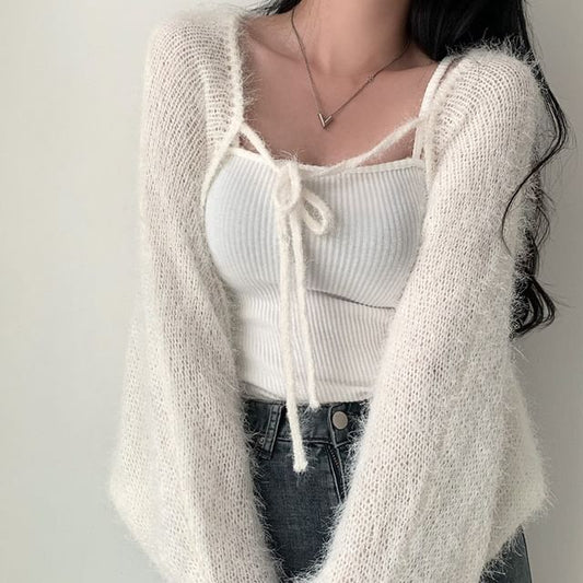 Faux Fur Open Front Plain Crop Cardigan