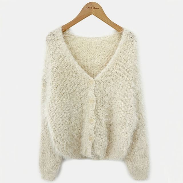 V-Neck Faux Fur Button-Up Crop Cardigan