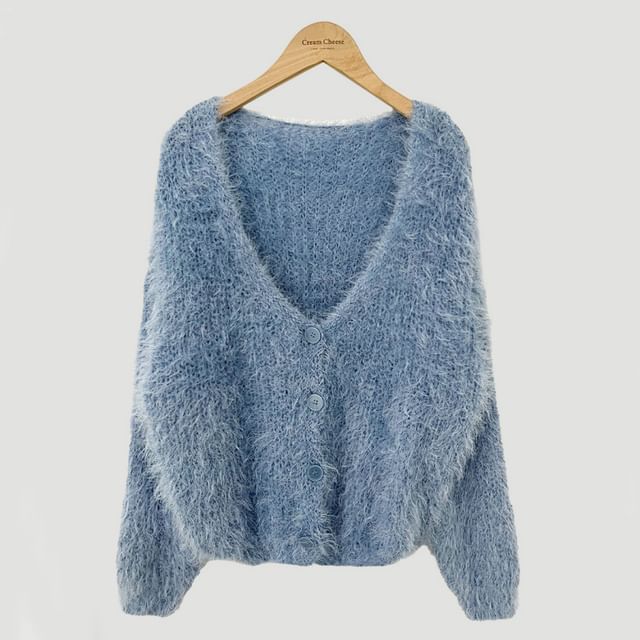 V-Neck Faux Fur Button-Up Crop Cardigan