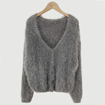 V-Neck Faux Fur Button-Up Crop Cardigan
