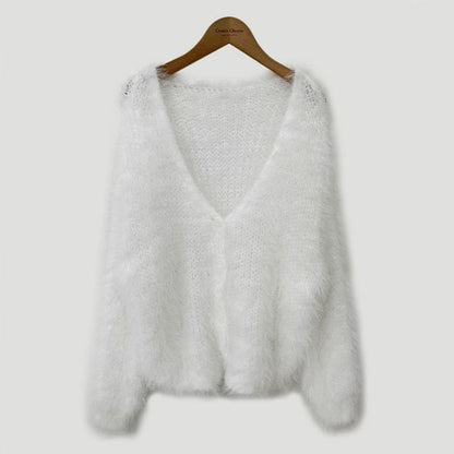 V-Neck Faux Fur Button-Up Crop Cardigan