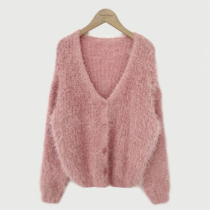 V-Neck Faux Fur Button-Up Crop Cardigan