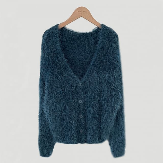 V-Neck Faux Fur Button-Up Crop Cardigan