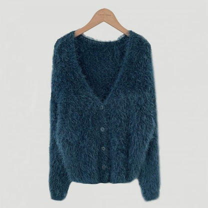 V-Neck Faux Fur Button-Up Crop Cardigan