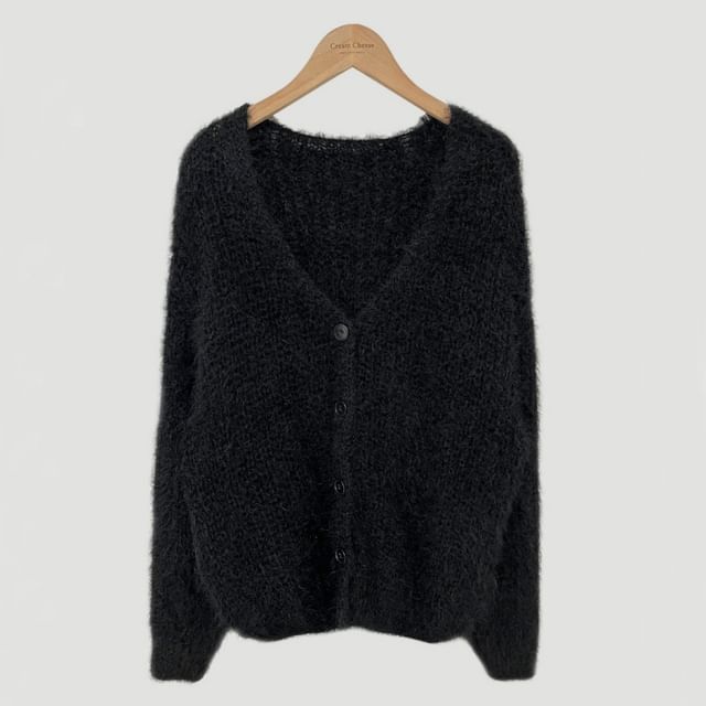 V-Neck Faux Fur Button-Up Crop Cardigan
