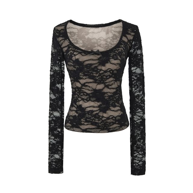 Lace Trim Scoop Neck Crop Top with Long Sleeves
