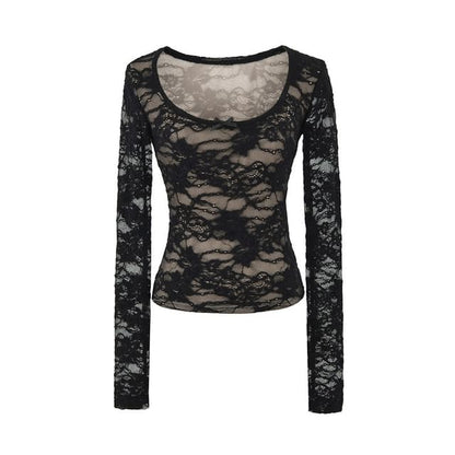 Lace Trim Scoop Neck Crop Top with Long Sleeves