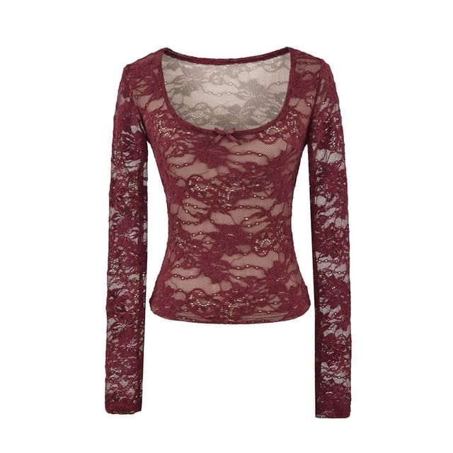Lace Trim Scoop Neck Crop Top with Long Sleeves