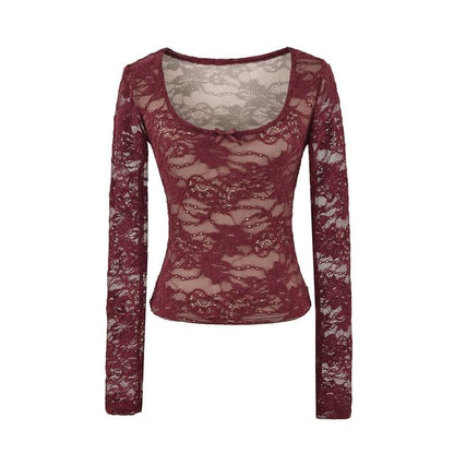 Lace Trim Scoop Neck Crop Top with Long Sleeves