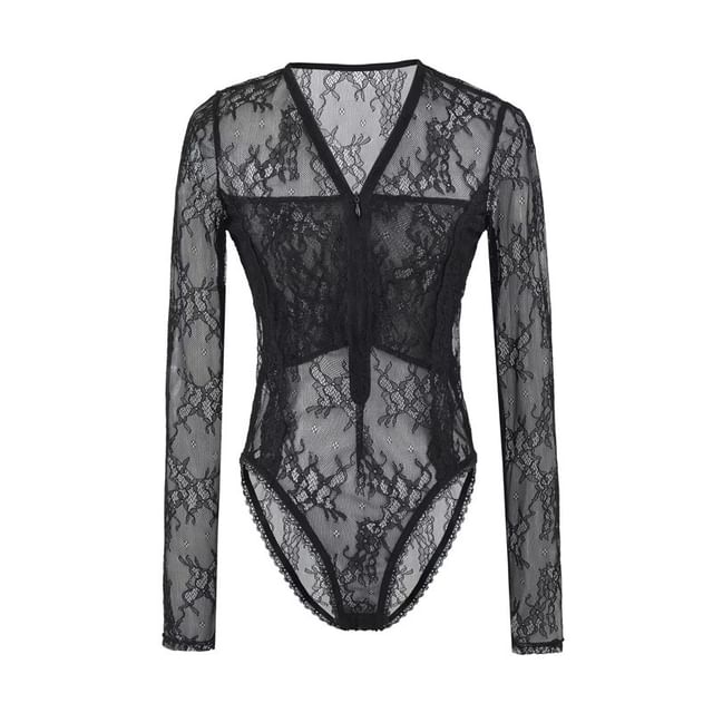 See-Through Lace Bodysuit with Half-Zip V-Neck