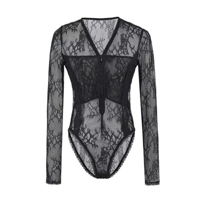 See-Through Lace Bodysuit with Half-Zip V-Neck