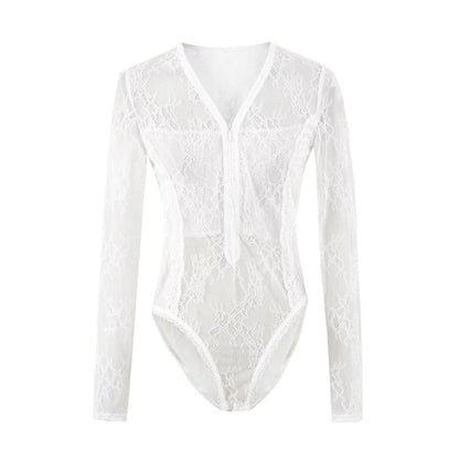 See-Through Lace Bodysuit with Half-Zip V-Neck