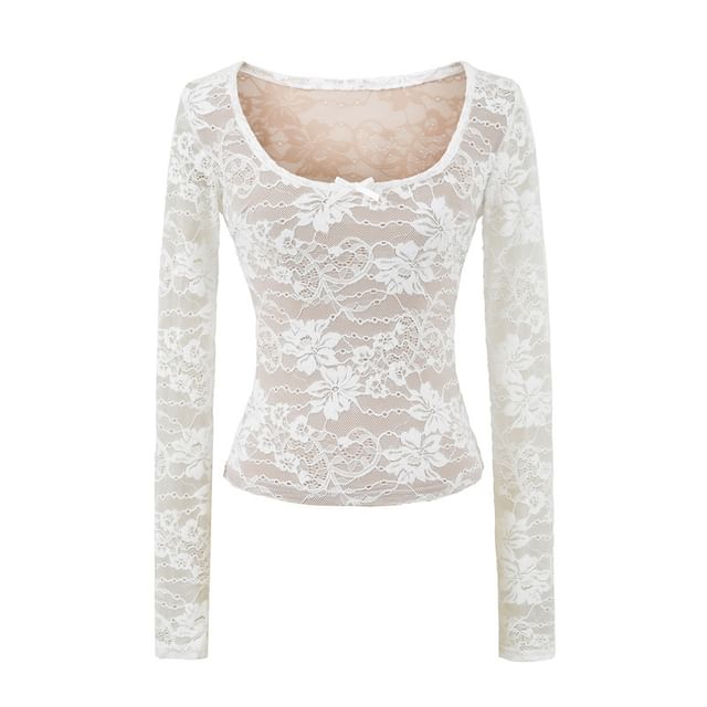Lace Trim Scoop Neck Crop Top with Long Sleeves