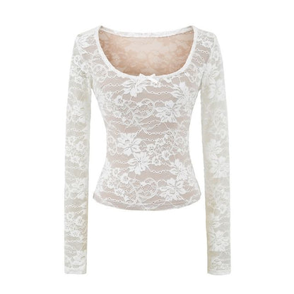 Lace Trim Scoop Neck Crop Top with Long Sleeves
