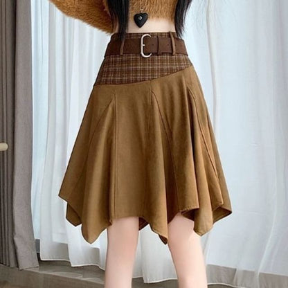 Faux Suede A-Line Skirt with Plaid Panels