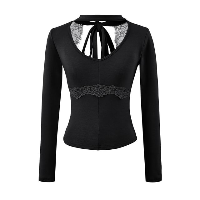 Open Back Halter Crop Top with Lace Panel