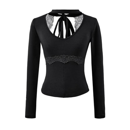Open Back Halter Crop Top with Lace Panel