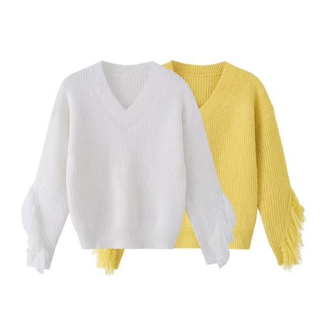 Fringed V-Neck Sweater