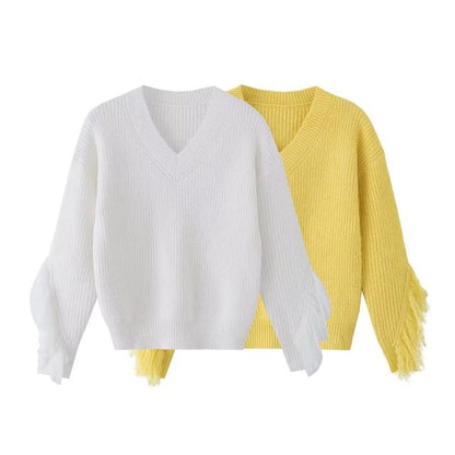 Fringed V-Neck Sweater