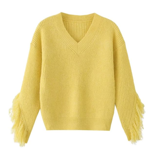 Fringed V-Neck Sweater