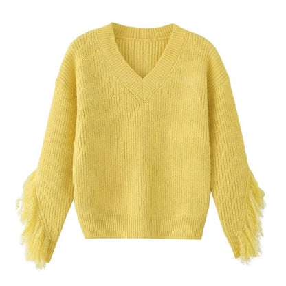 Fringed V-Neck Sweater