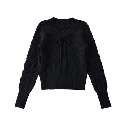 Perforated Crop Knit Top with V-Neck