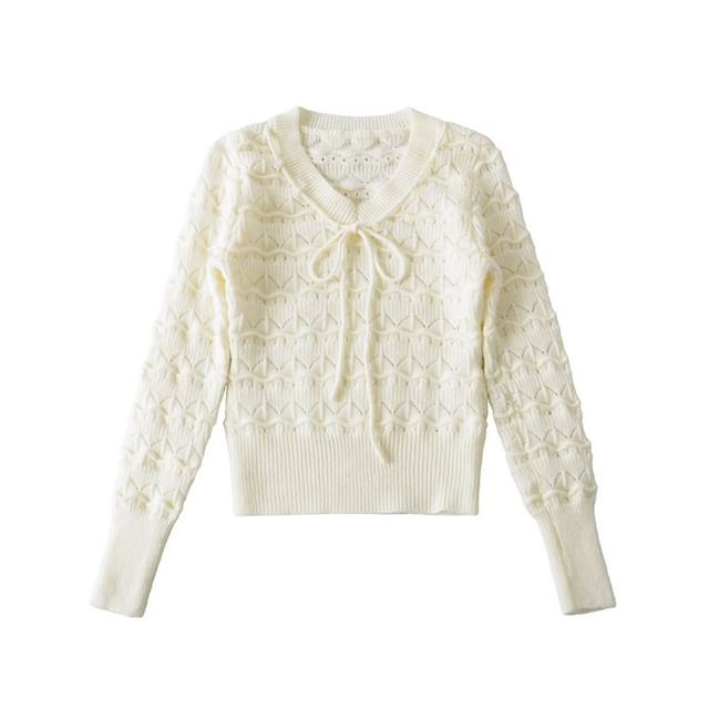 Perforated Crop Knit Top with V-Neck