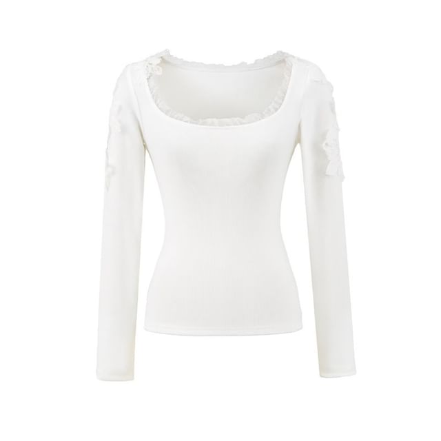 Frill Trim Lace Panel Crop T-Shirt with Scoop Neck