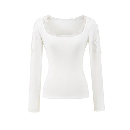 Frill Trim Lace Panel Crop T-Shirt with Scoop Neck