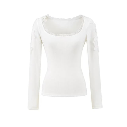 Frill Trim Lace Panel Crop T-Shirt with Scoop Neck