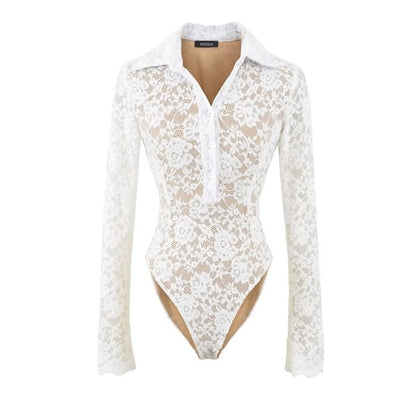 Collared Half-Button Lace Bodysuit with Long Sleeves