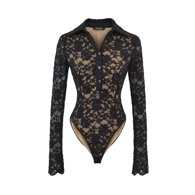 Collared Half-Button Lace Bodysuit with Long Sleeves