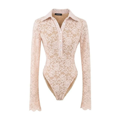 Collared Half-Button Lace Bodysuit with Long Sleeves
