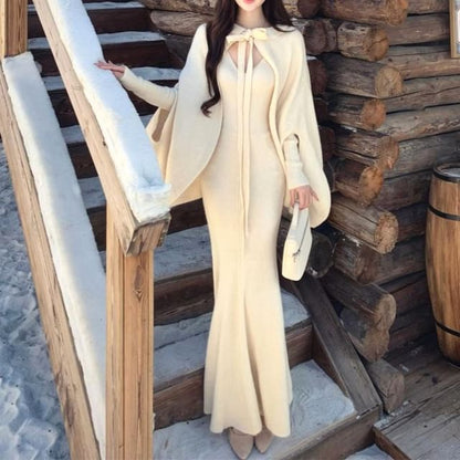Set: Plain Knit Cape + Long-Sleeve V-Neck Maxi Mermaid Dress