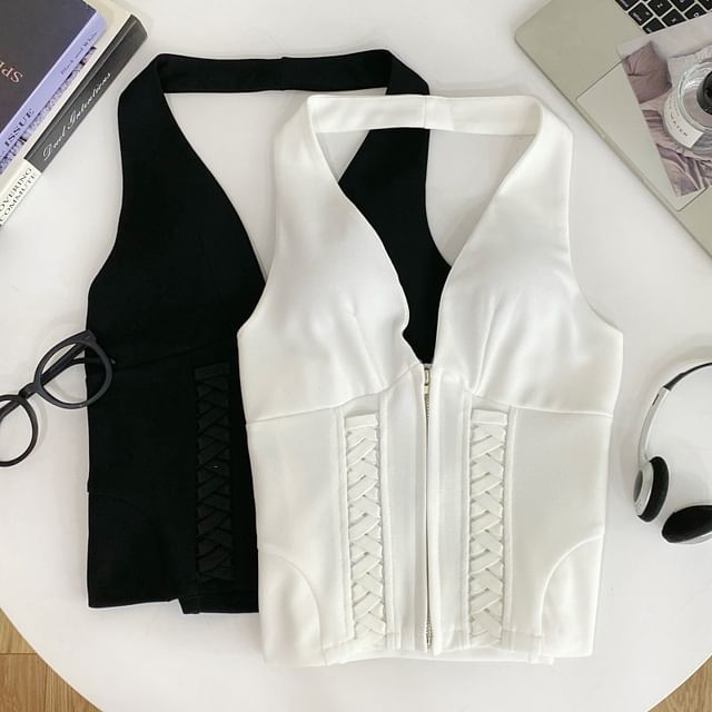 Halter Neck Zip-Up Crop Top with Lace-Up Details