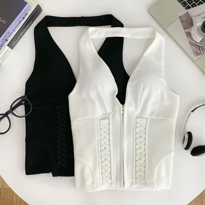 Halter Neck Zip-Up Crop Top with Lace-Up Details